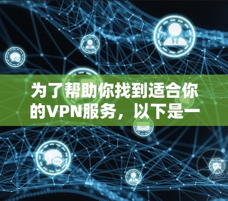 为了帮助你找到适合你的VPN服务，以下是一些步骤和推荐